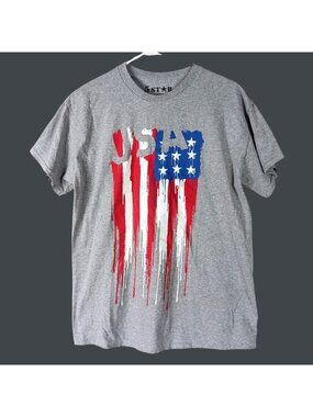Patriotic USA Flag Graphic T Shirt Mens Medium Gray Summer Americana Casual